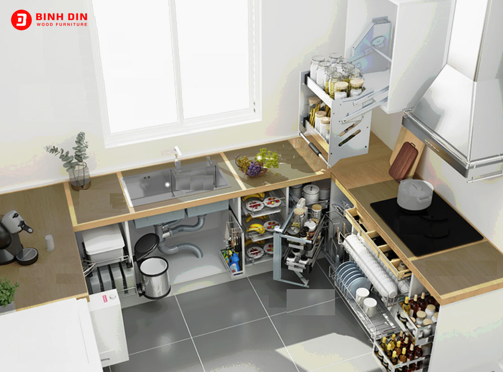 Tủ bếp cần đảm bảo đáp ứng nhu cầu chứa đựng các nguyên vật liệu, đồ dùng