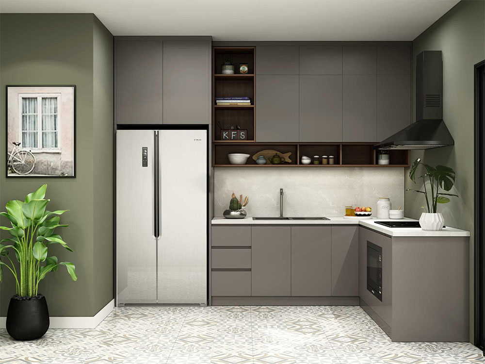 Thiết kế tủ bếp kịch trần thường được lựa chọn cho những không gian rộng rãi và có chiều cao trần lớn, mang lại tính thẩm mỹ