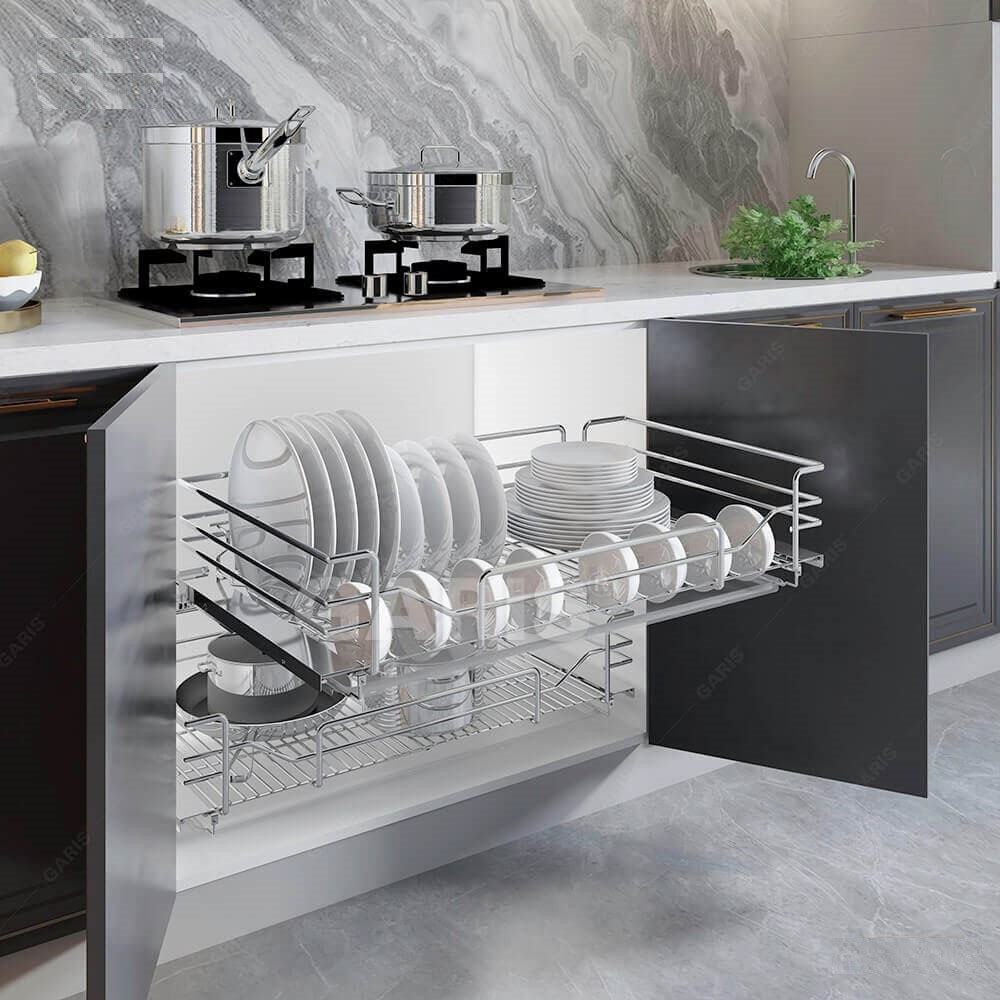 Các phụ kiện sử dụng trong thiết kế tủ bếp thông minh này sẽ mang lại sự tiện ích và tạo cảm giác gọn gàng, thuận tiện cho không gian bếp